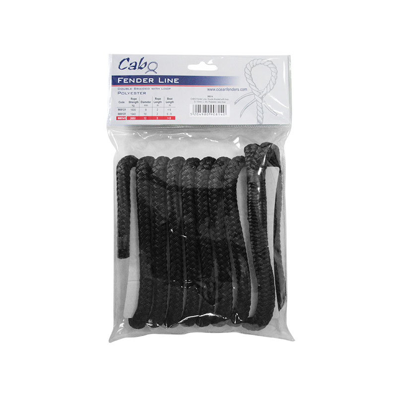 CABO Fender Line, Double Braided, w/ loop, Diam. 8mm, L 2m, Polyester, Black